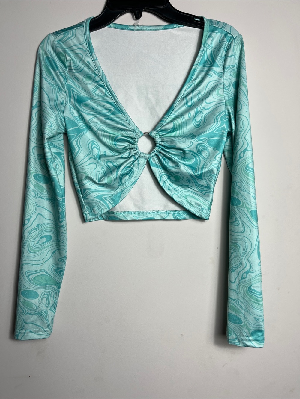 SHEIN Teal Swirl Ring Front Cutout Crop Top XS Y2K Long Sleeve